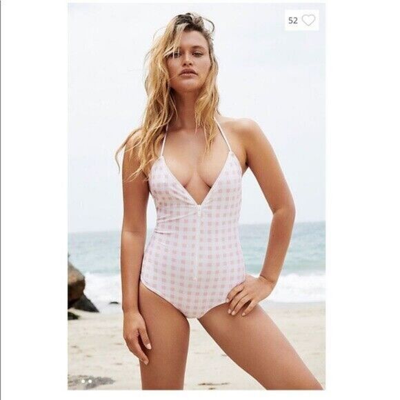 For Love and Lemons Pink Bonnie Zip‎ One Piece Gingham Swimsuit Halter Small - Picture 4 of 11